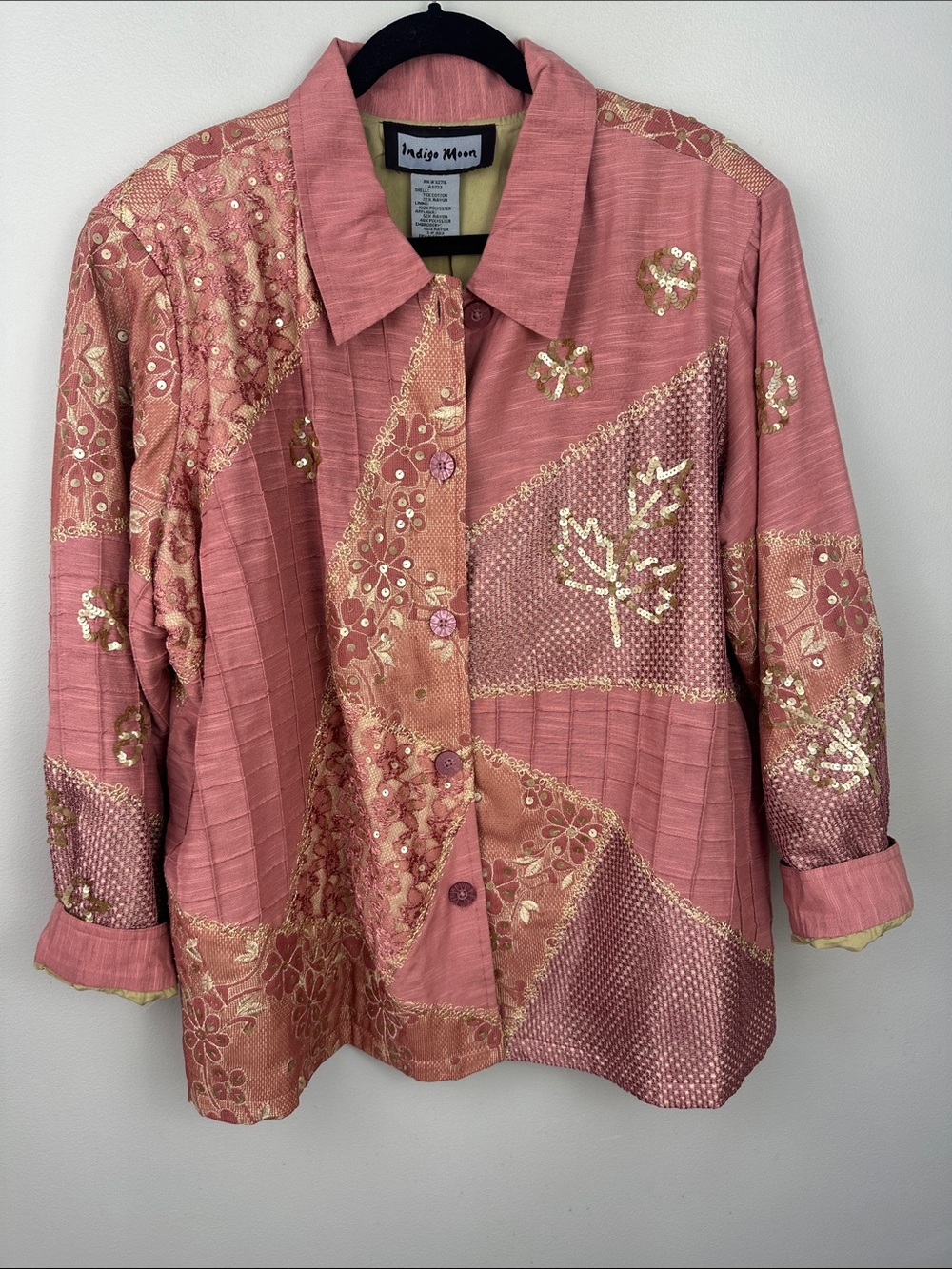 Vintage Indigo Moon Pink Gold Sequin Patchwork Art To Wear Jacket - Picture 2 of 11